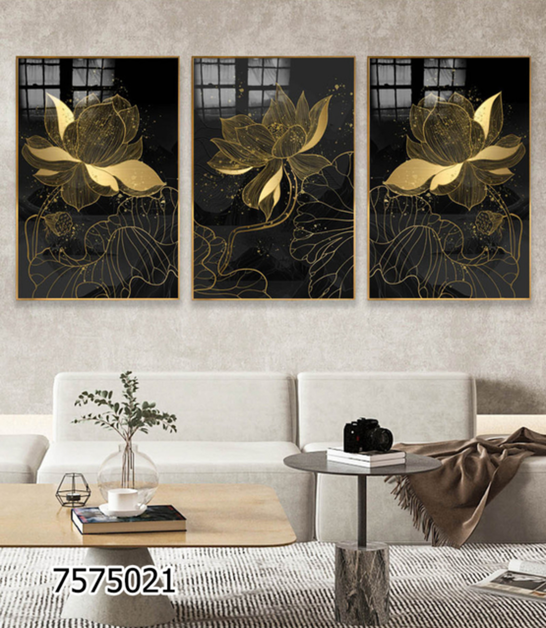 שלשה על קנבס פרחים זהב שחור מתוח וממוסגר לחדר השינה או לסלון דגם 7575021