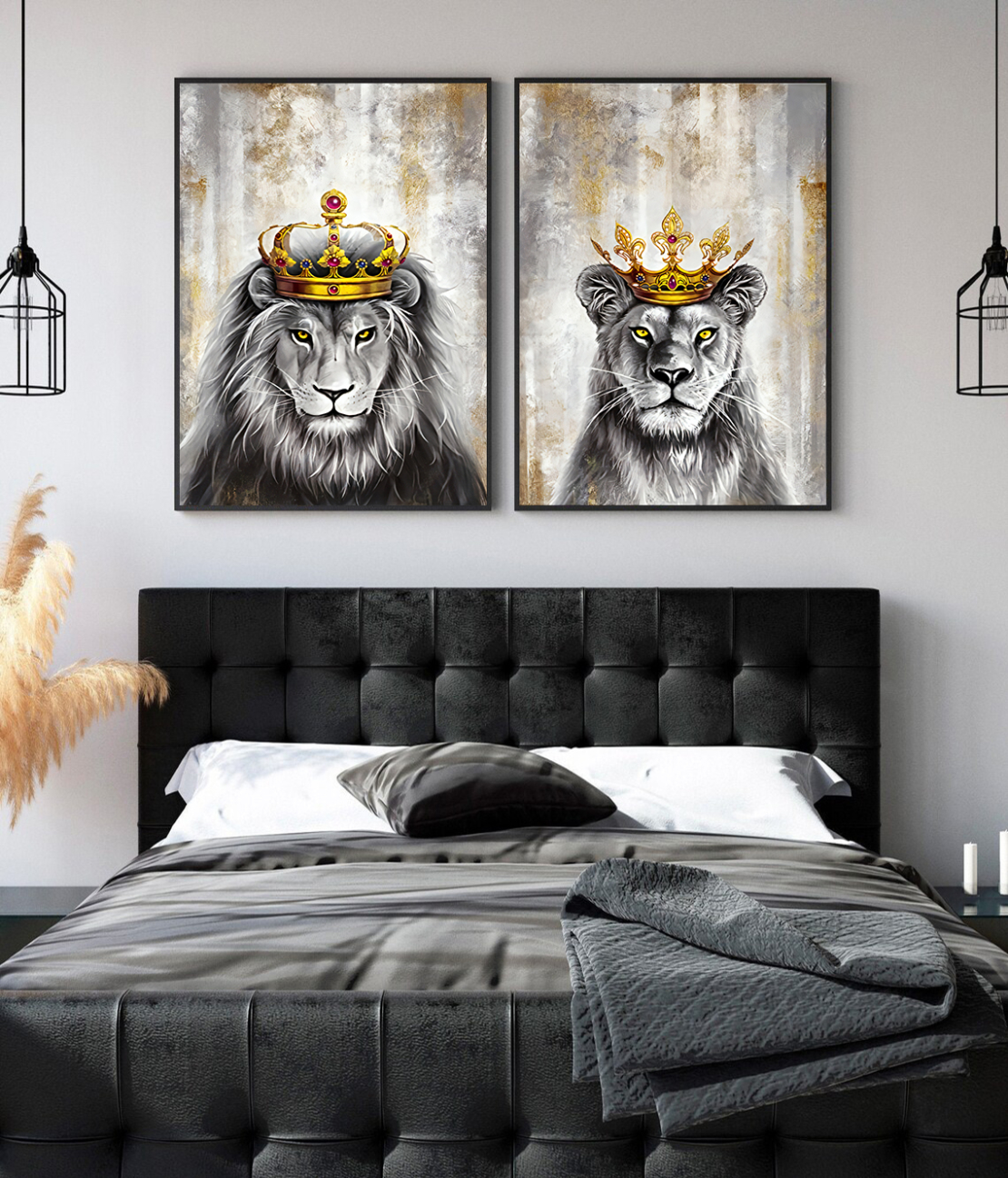 זוג תמונות אריה ולביאה לסלון לחדר השינה או למשרד על קנבס או זכוכית דגם-882023