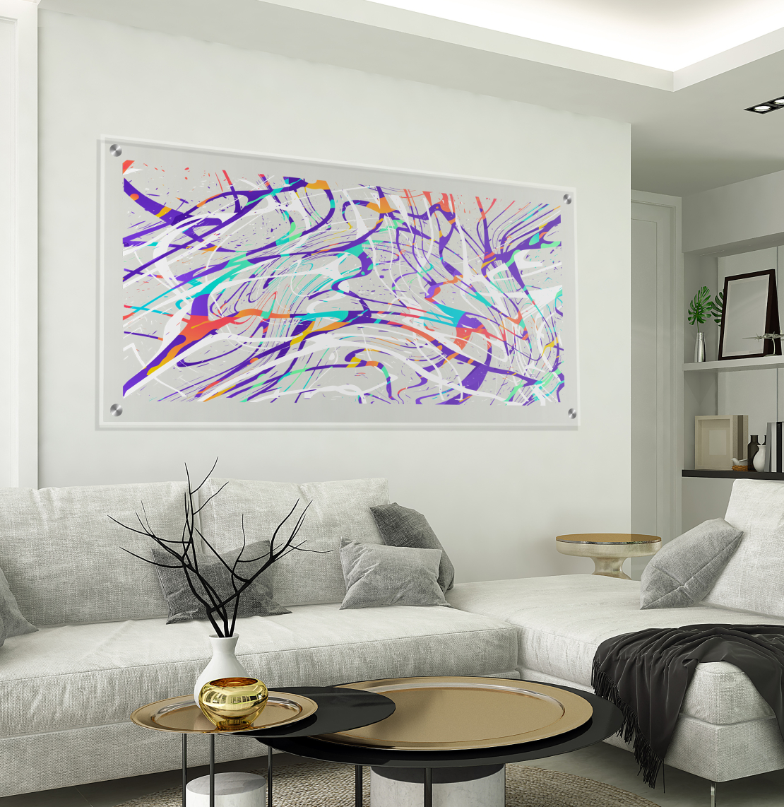 תמונת זכוכית ייחודית מופשט צבעוני עם רקע שקוף לסלון למשרד או לחדר עבודה דגם C1823