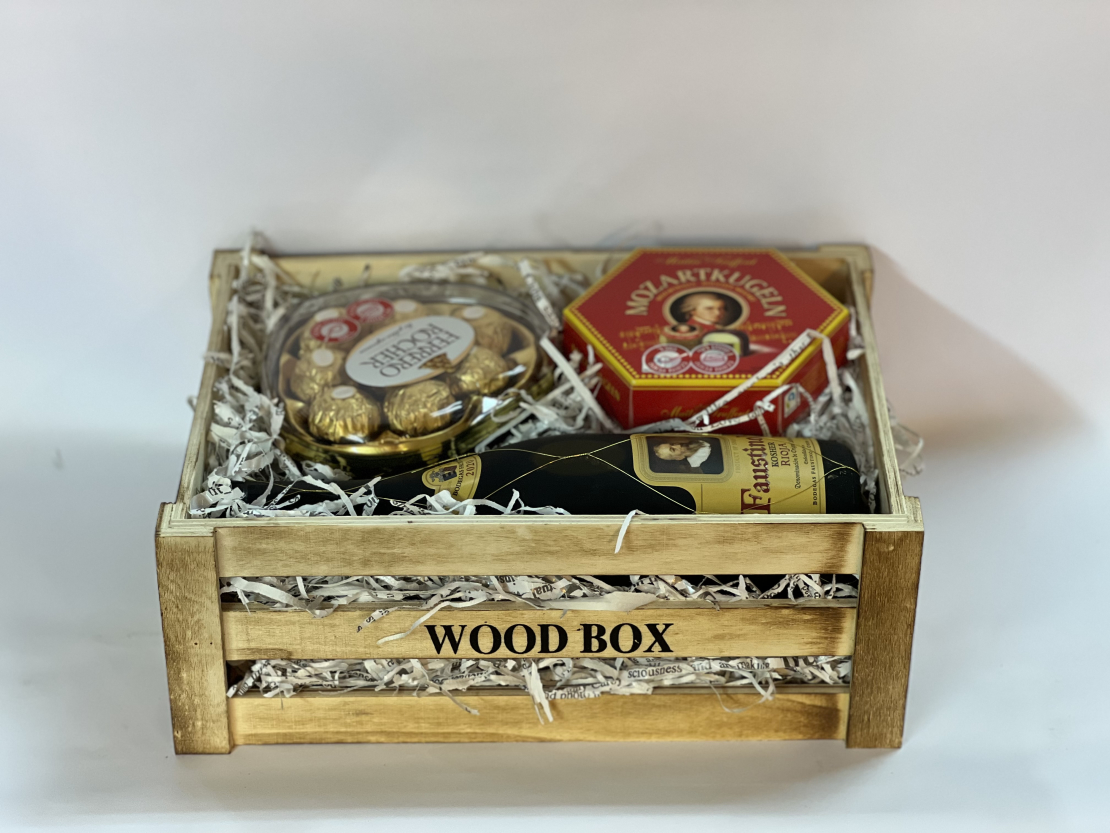 European product packaging in a wooden box