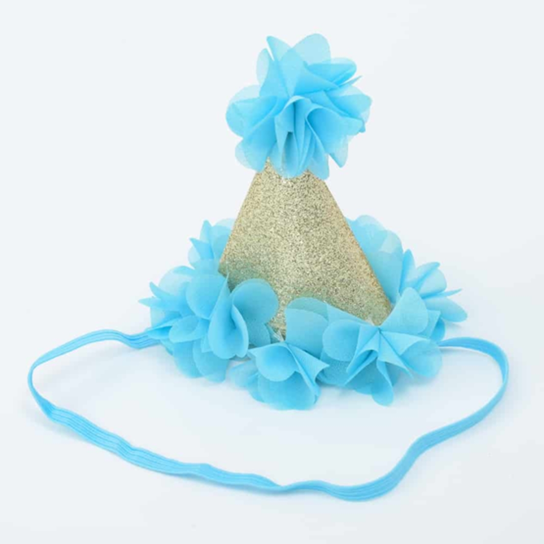 כובע מיני זהב גליטר פרחים כחולים PVC