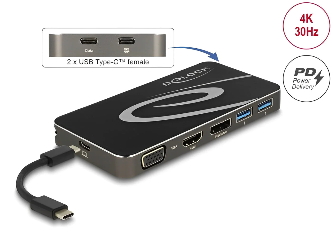 תחנת עגינה אוניברסלית USB-C 3.2 4K ל- 3 מסכים בו זמנית עם אספקת מתח דגם Delock D87773