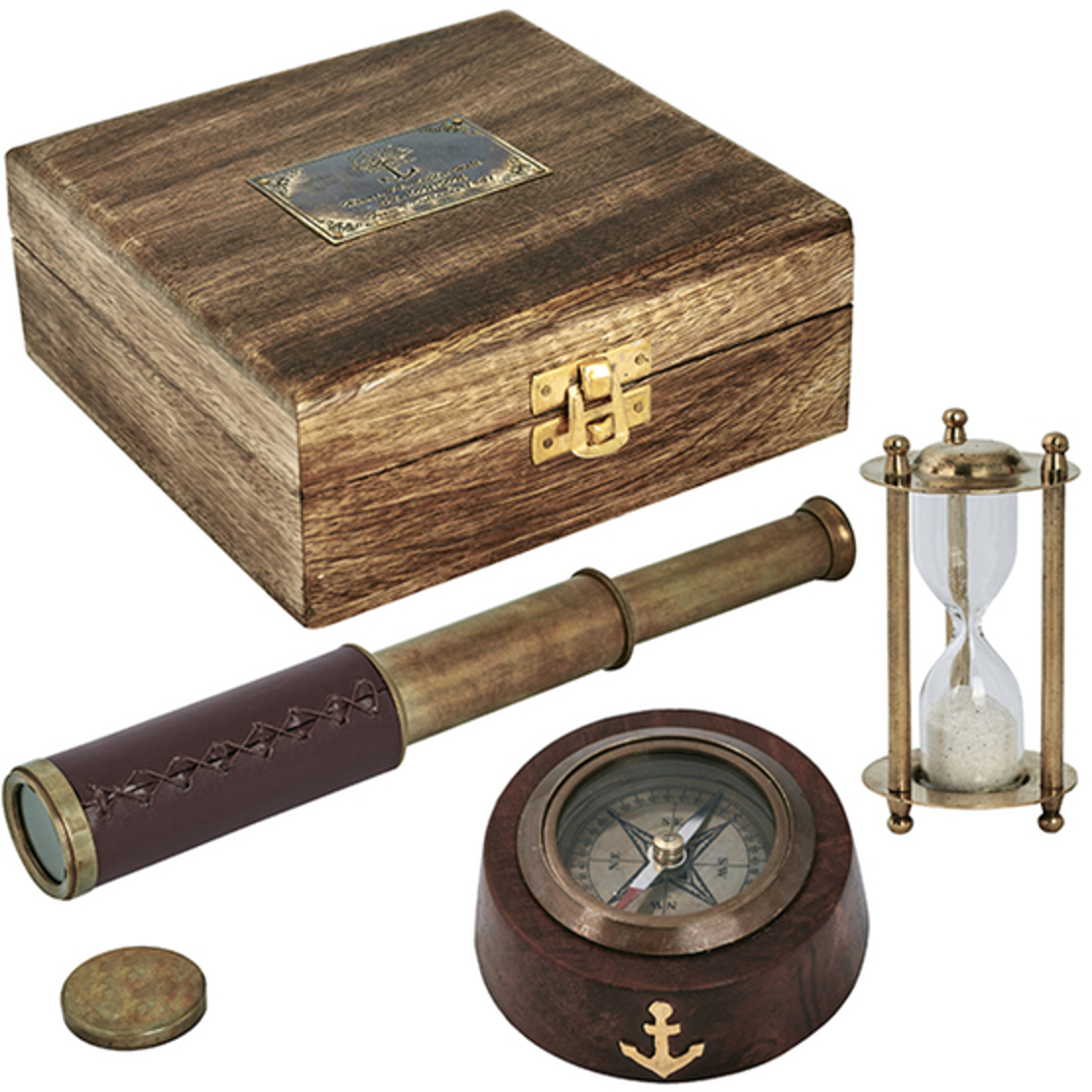 סט מצפן, שעון חול וטלסקופ בקופסת עץ וינטג'