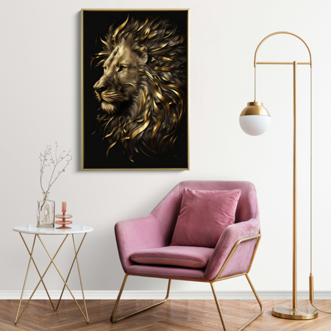 תמונה של אריה מוזהב בתלת מימד דגם 230458 בקנבס או בזכוכית
