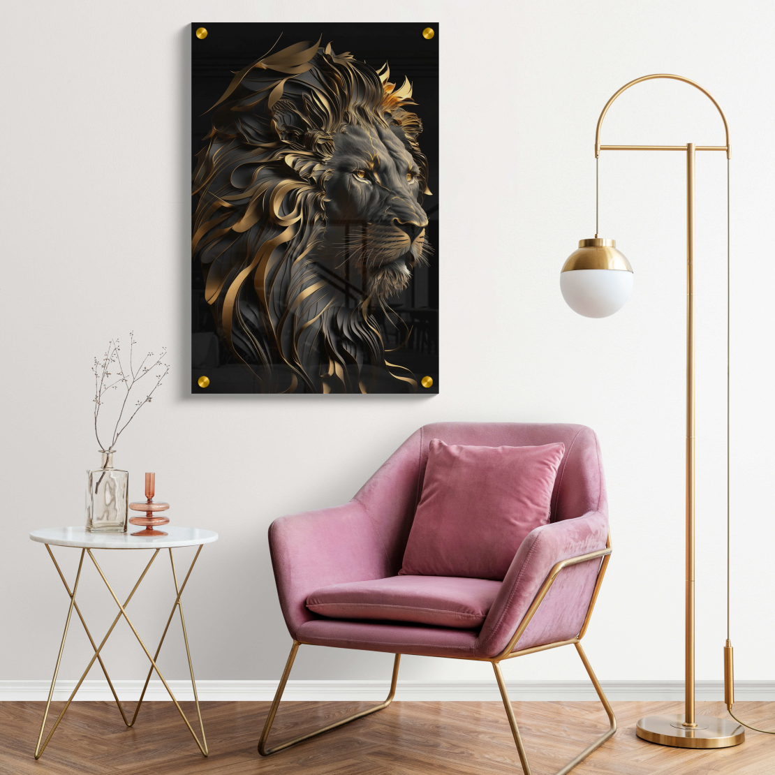 תמונה של אריה מוזהב בתלת מימד דגם 230457 בקנבס או בזכוכית
