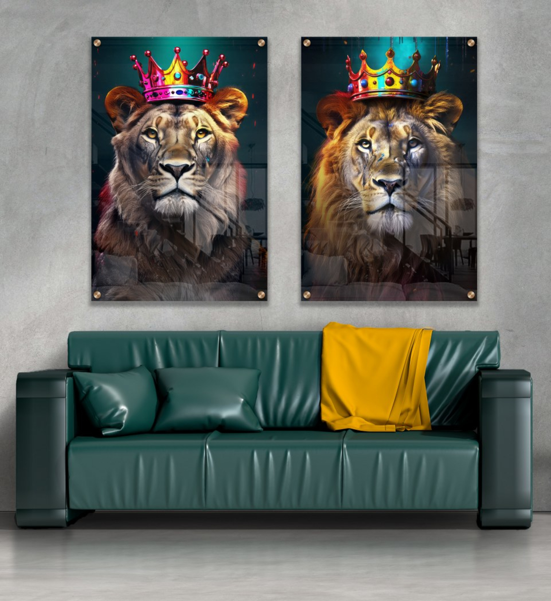זוג תמונות אריה ולביאה בצבעים על קנבס או זכוכית  דגם - 150923