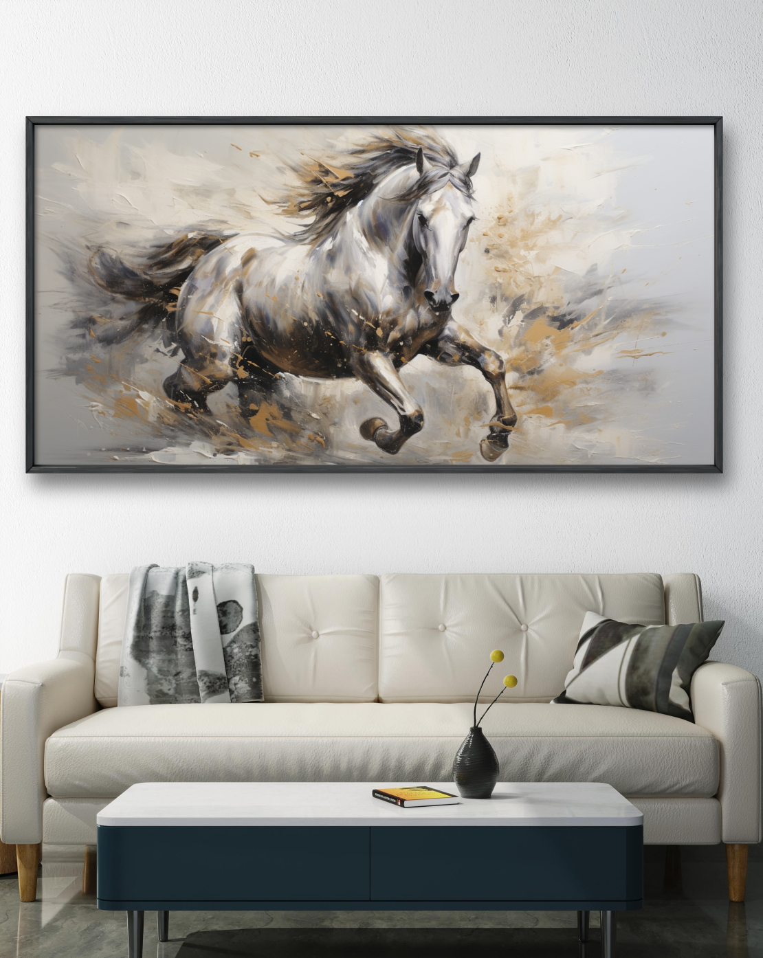תמונת קנבס של סוסים לבן וזהב לרוחב דגם 1709233