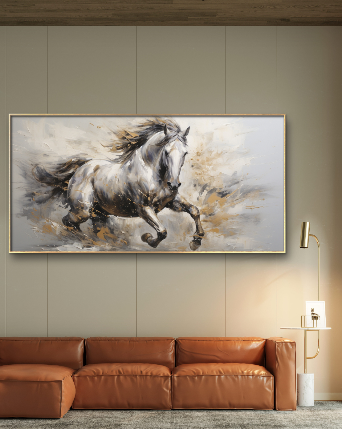 תמונת קנבס של סוסים לבן וזהב לרוחב דגם 1709233