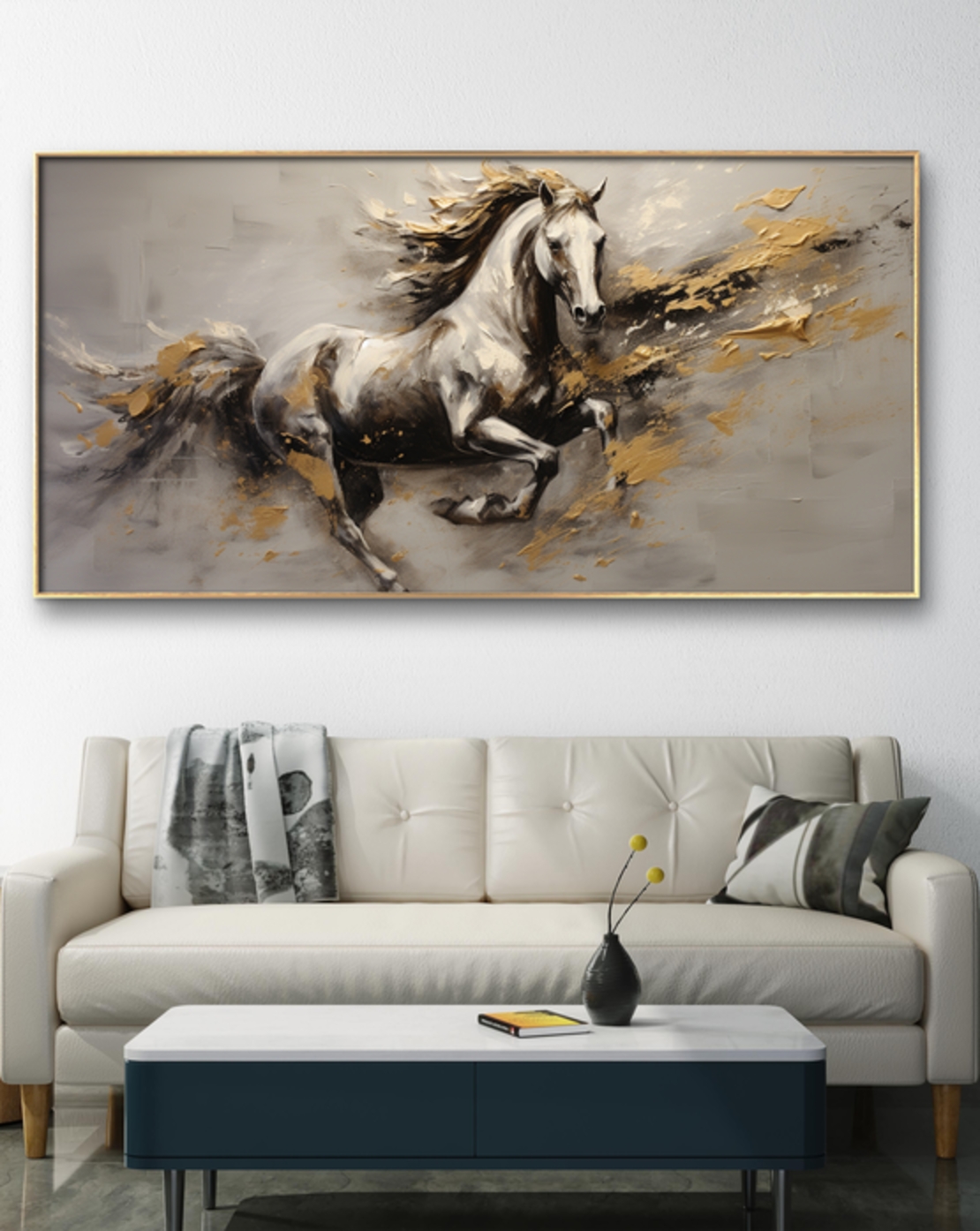 תמונת קנבס של סוסים לבן וזהב לרוחב דגם 1709234