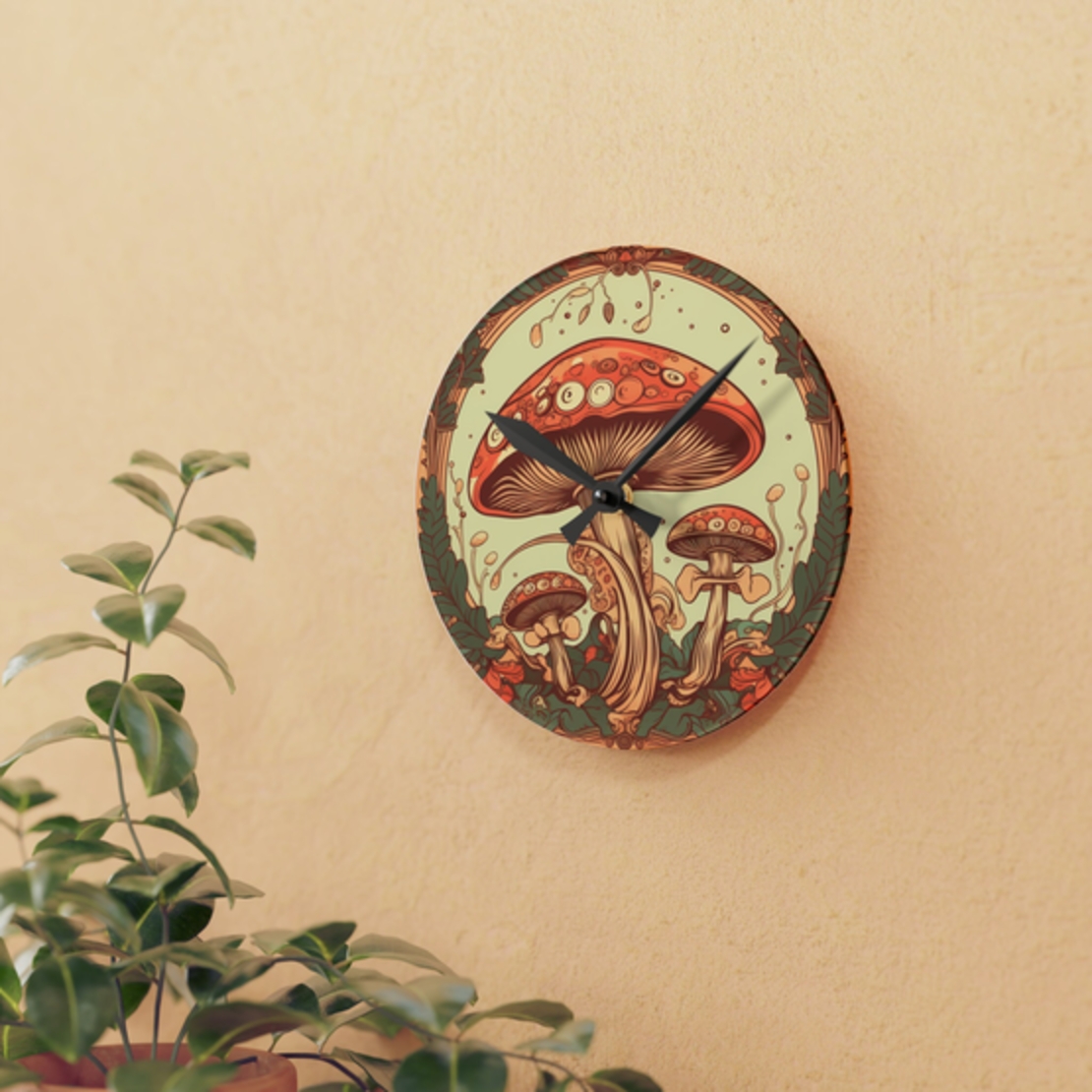 Mushroom Acrylic Wall Clock - FungiFly - Nature Lover's Timepiece