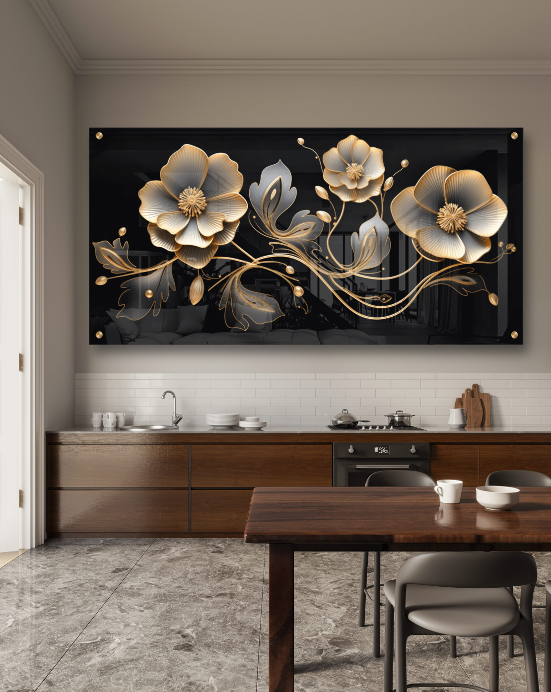 תמונת זכוכית פרחים מוזהבים לפינת אוכל או לסלון דגם 2592315