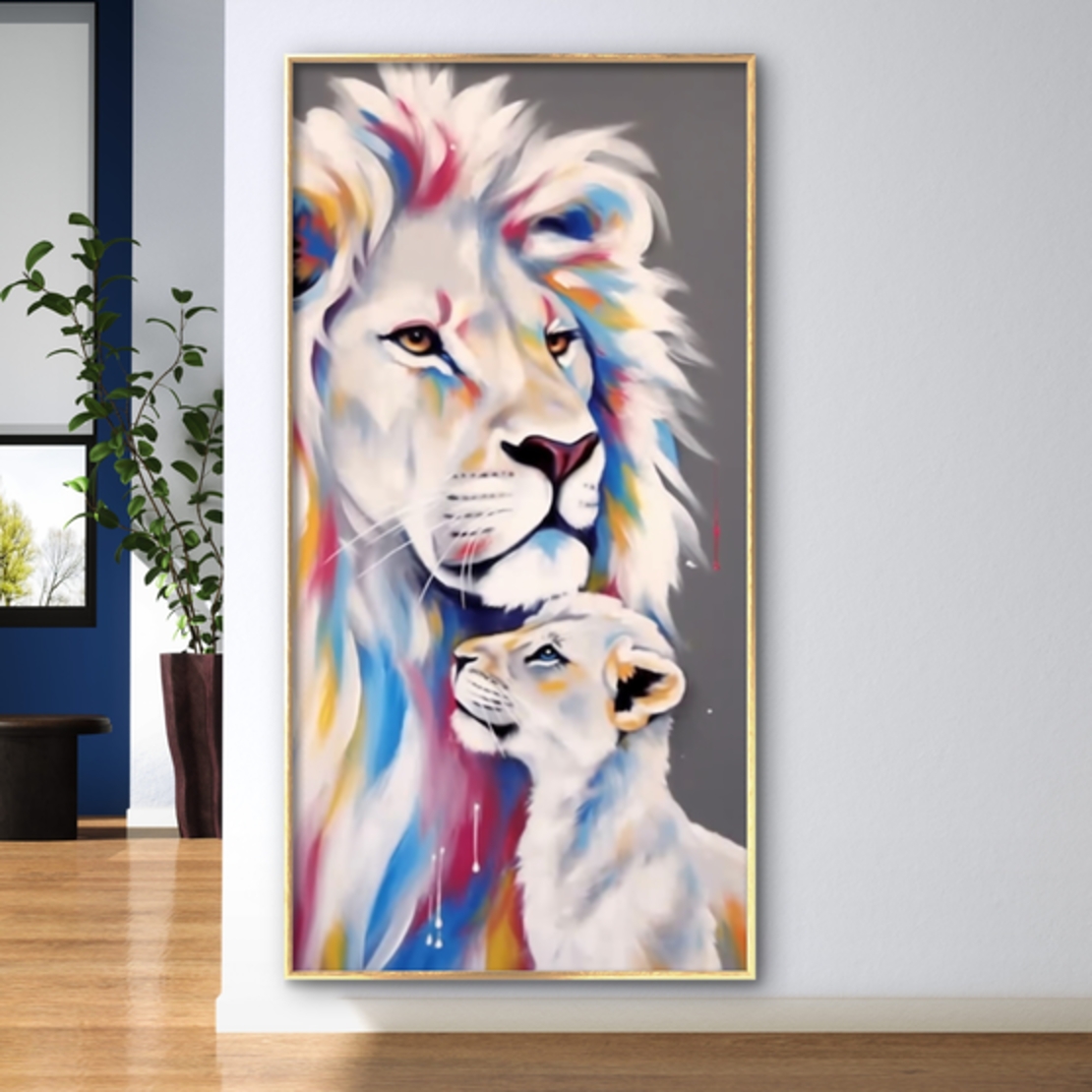 תמונת קנבס מקורית לאורך מיוחדת אריה וגור צבעוני  דגם 611233