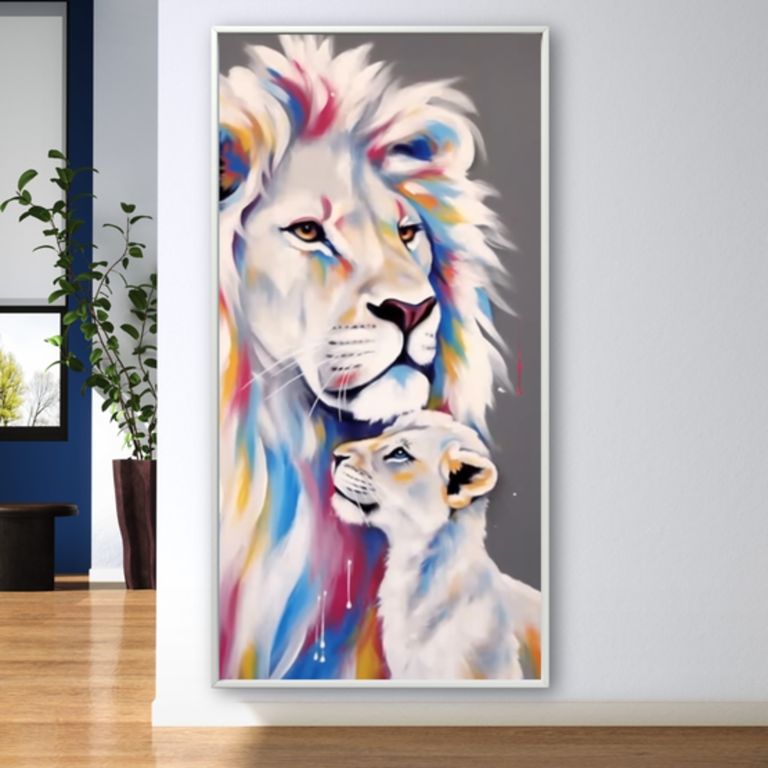 תמונת קנבס מקורית לאורך מיוחדת אריה וגור צבעוני  דגם 611233