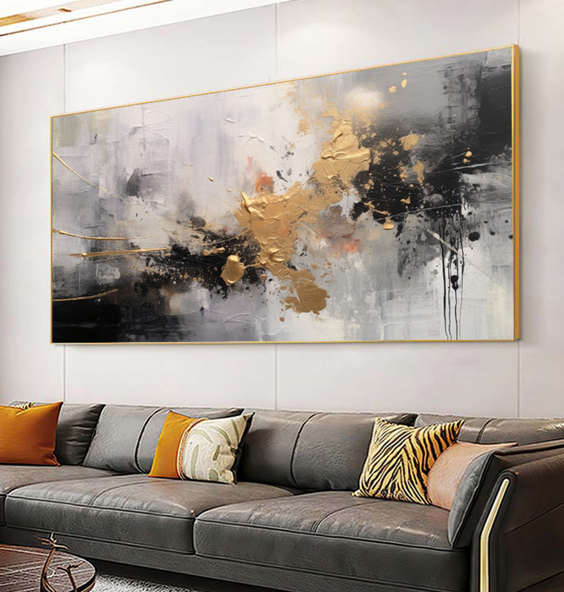 תמונת קנבס לסלון או לחדר שינה סגנון אבסטרקט גוונים זהב ושחור דגם - M16002