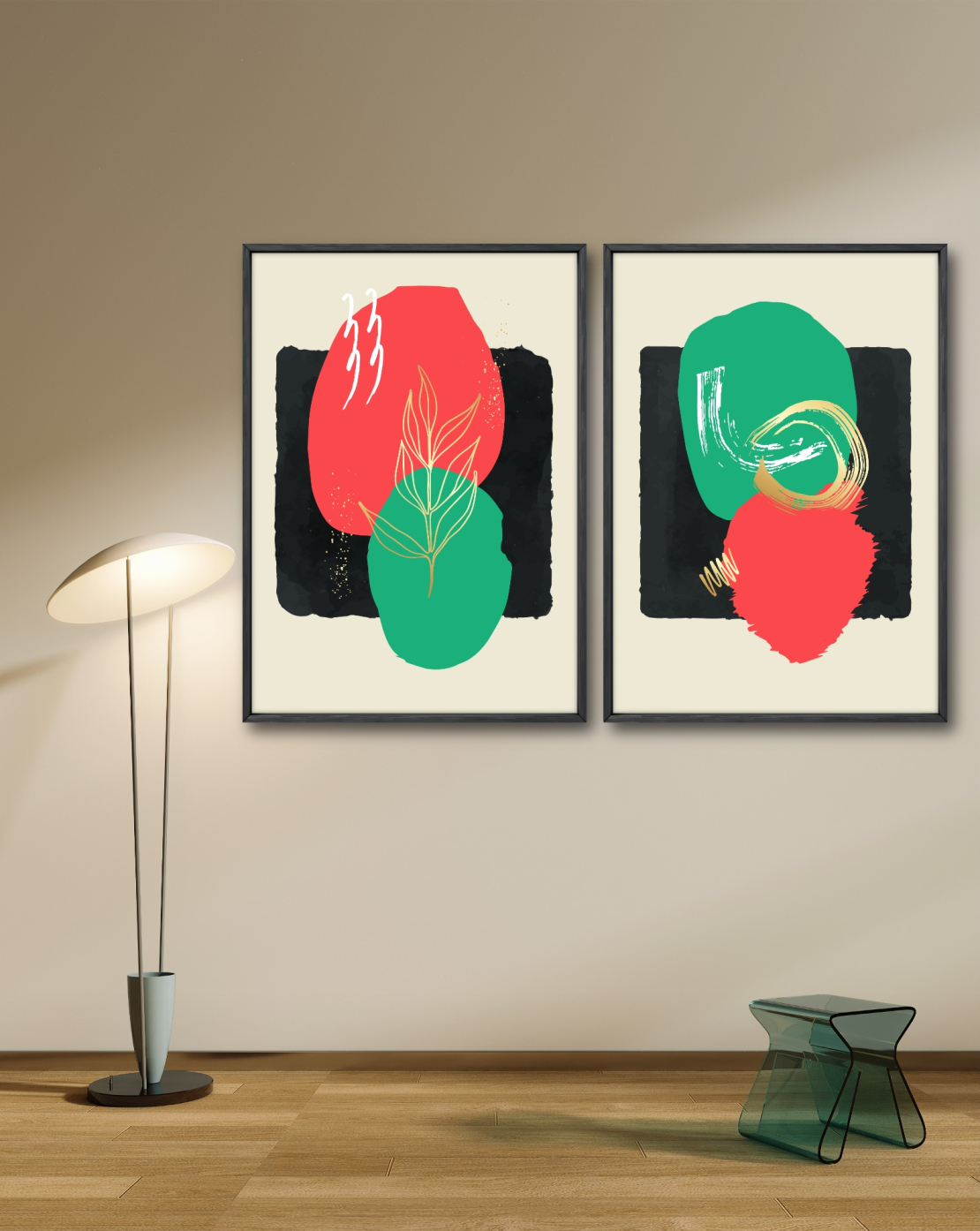 זוג תמונות לסלון או לפינת אוכל גיאומטרי מודרני גוונים ירוק ואדום דגם -  A64004