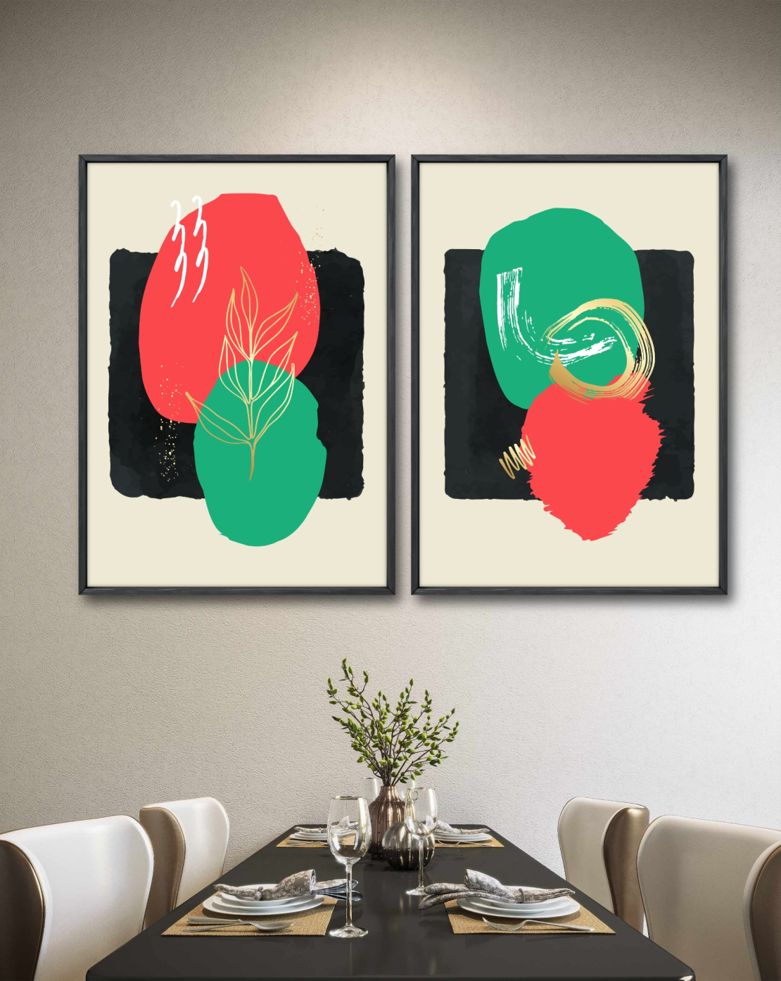 זוג תמונות לסלון או לפינת אוכל גיאומטרי מודרני גוונים ירוק ואדום דגם -  A64004