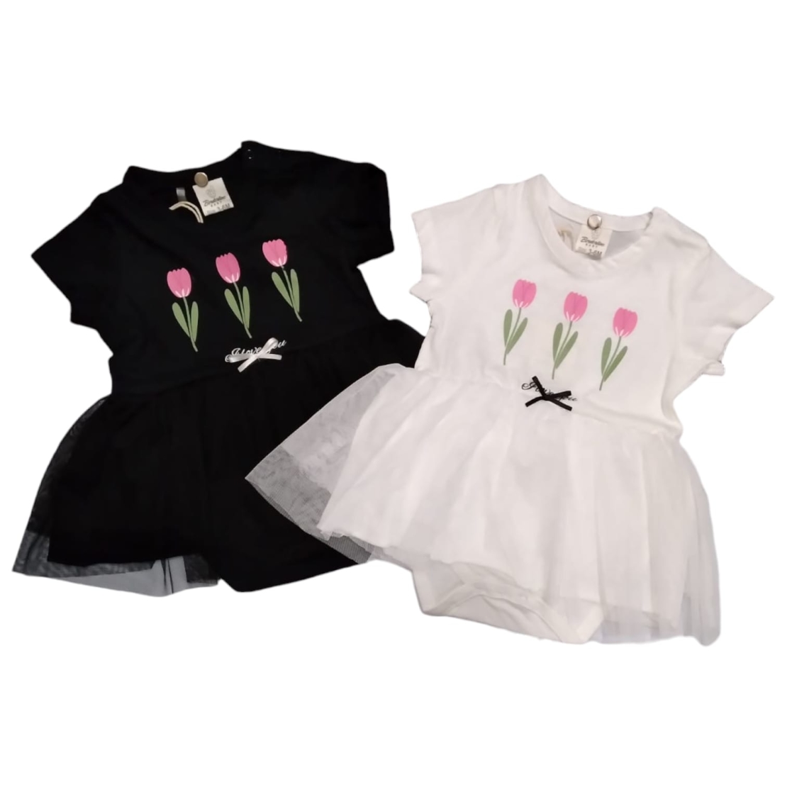 בגד גוף שמלה פרחים (לבן/שחור) 3-24M תינוקות בנות