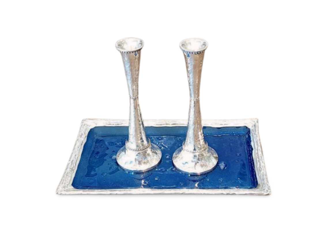 Liquor / candlesticks tray blue glass