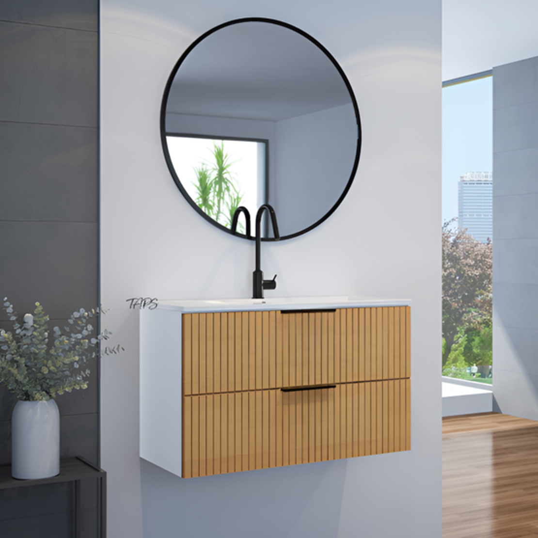 ארון אמבטיה תלוי דגם אסף עץ כולל מראה עגולה