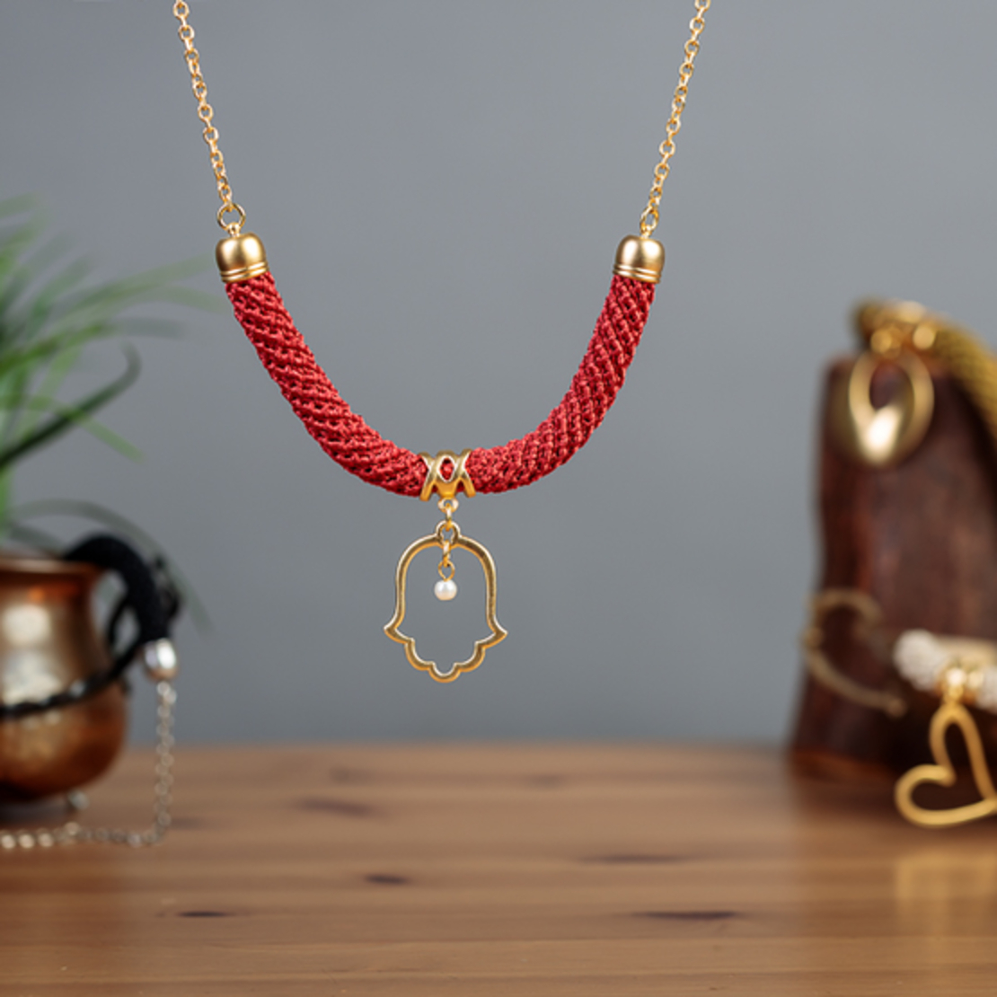 Red & Gold Hamsa Pendant Necklace | Mazal